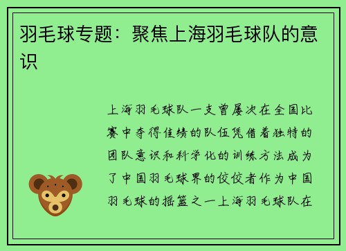 羽毛球专题：聚焦上海羽毛球队的意识