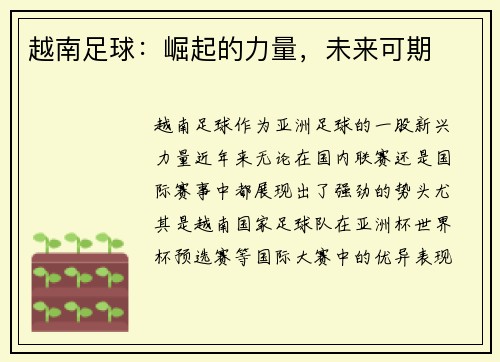 越南足球：崛起的力量，未来可期