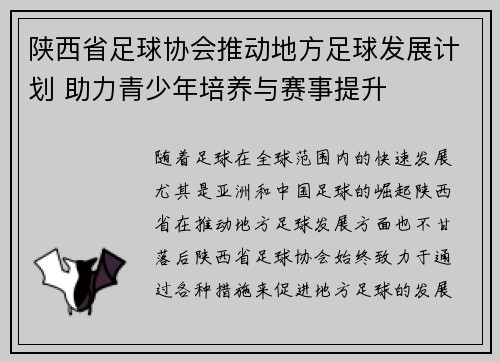 陕西省足球协会推动地方足球发展计划 助力青少年培养与赛事提升